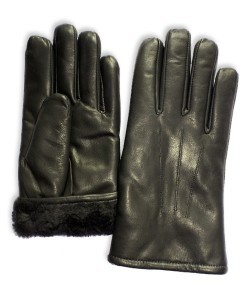 MZ-77: Rękawiczki ze skóry jagnięcej licowej, maszynowo szyte, z haftem, ocieplane dzianiną futerkową (poliestrową)
